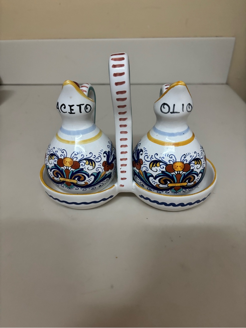 Sur La Table White Multicolor Hand-Painted Olive Oil and Vinegar Cruet Set